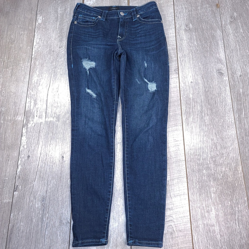 True Religion Halle Jeans Women 29 Blue Mid Rise Super Skinny Distressed Dark